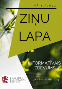 Ziņu lapas Nr.1/2023 vāks - uz tā redzama informācija par izdevumu zaļās, pavasarīgās krāsās, kā arī tikko plaukušas lapas un KPR logo.