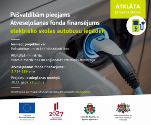 Ilustratīvs CFLA attēls, kur norādīts, ka pašvaldībām pieejams atveseļošanās fonda finansējums elektrisko skolas autobusu iegādei, kā arī minēts iesniegšanas termiņš un iesniedzēji.