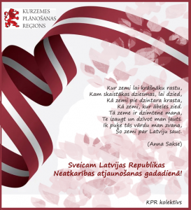 KPR apsveikums 4.maijā: Annas Sakses dzejolis, kam ir sarkanbalts fons un redasm Latvijas karogs lentas veidā.