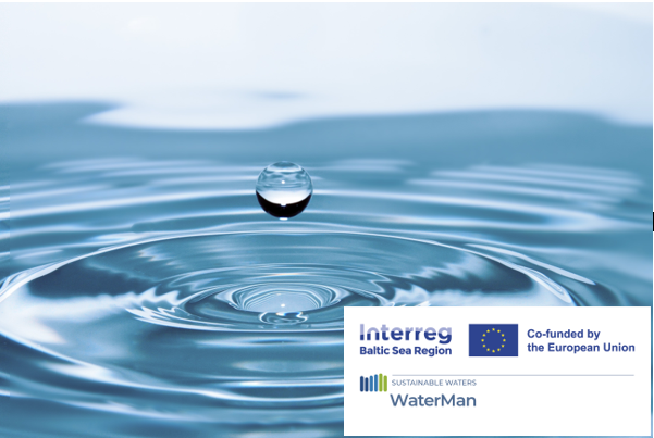 WaterMan Interreg projekta ilustratīvs attēls ar ūdens pilienu.