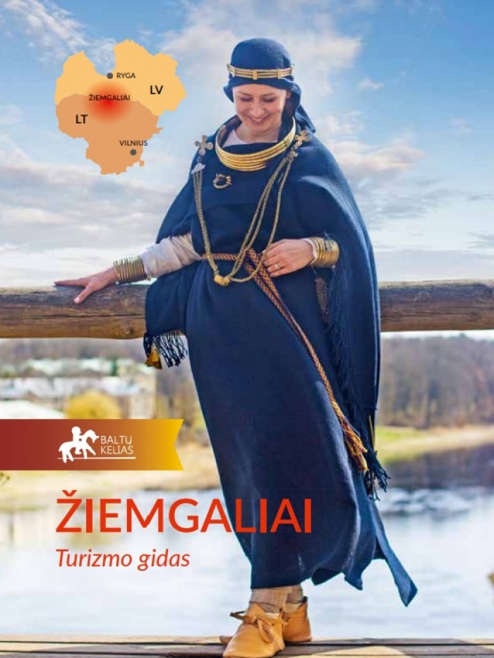 Ceļveža par zemgaļiem vāks lietuviešu valodā: redzams senās, tautiskās, zilas krāsas drānās tērpta sieviete.