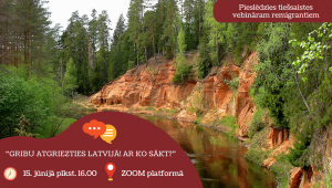 afiša - ilustratīvs attēls ar upes ainavu no Latvijas, kur redzamas sarkanas klintis upes krastā.