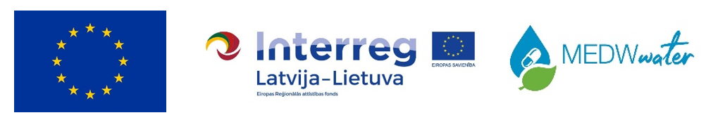 Logo ansamblis, MEDWwater projekta logo, Lietuvas, - Latvijas pārrobežu programmas logo un ES karogs