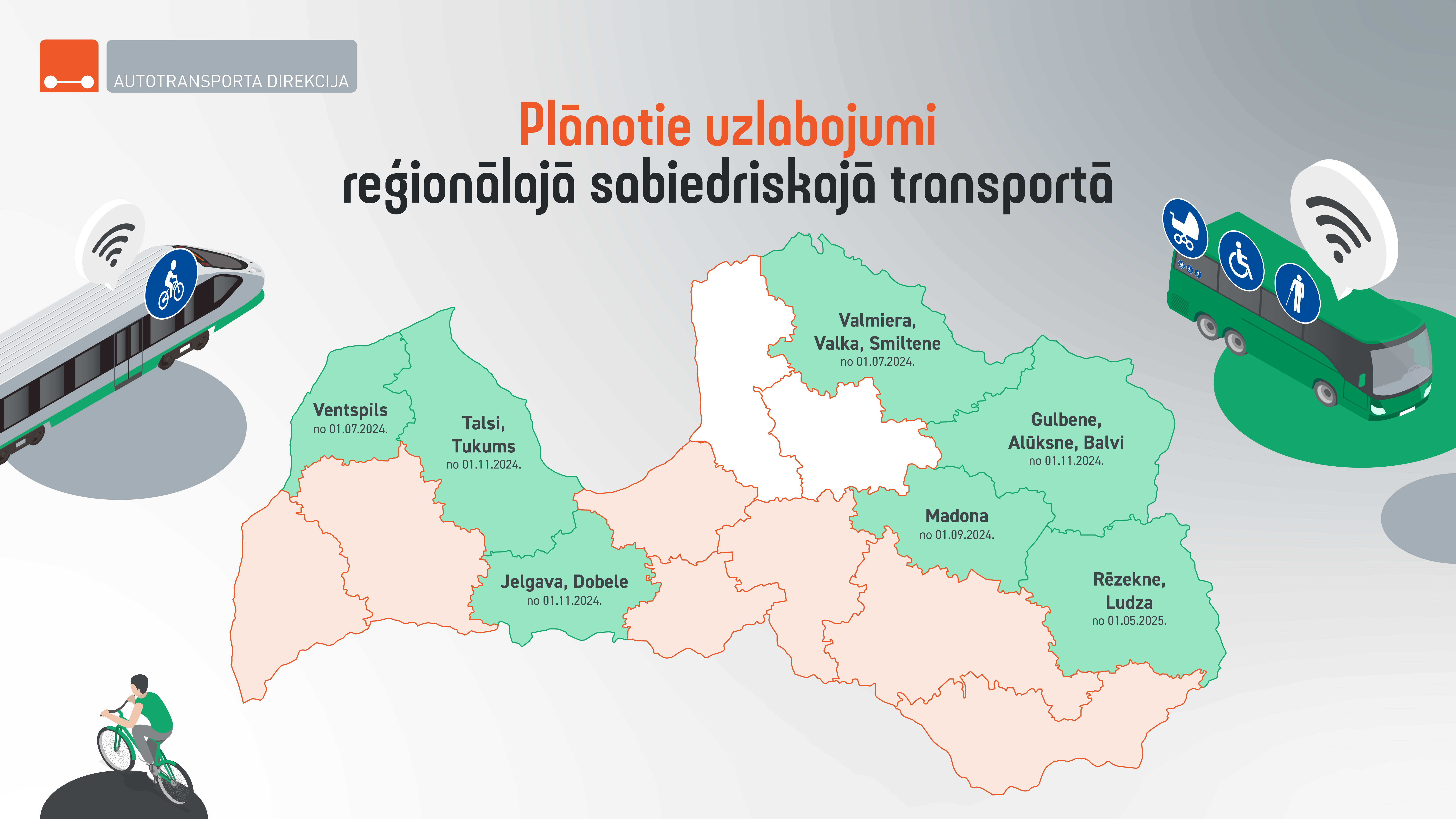 
Infografika par plānotajiem uzlabojumiem reģionālajā sabiedriskajā transportā, iekļaujot pieejamības un digitālo risinājumu ieviešanu dažādos Latvijas reģionos.